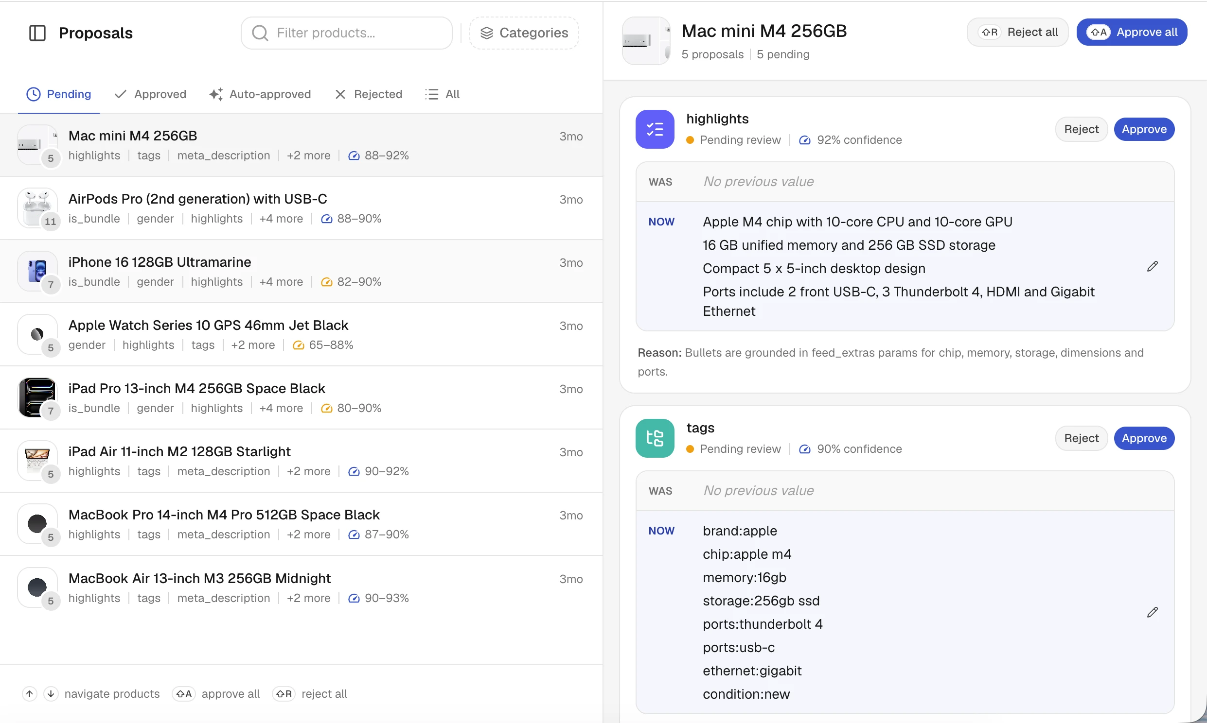 Ranketta proposes new product highlights and tags for a demo catalog, each with a confidence score, the reason for the change and an approve or reject button.